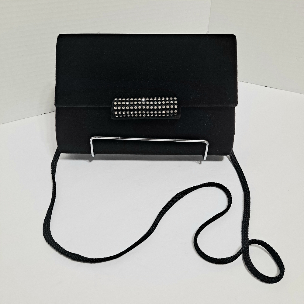 Black Velvet Rhinestone Clutch Crossbody Vintage Handmade Elegant Evening Bag